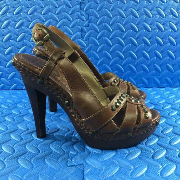 FRYE Women's Shoes Brown Leather Studded Platform High Heel Sandals Size 8 - Picture 1 of 14
